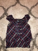 Guess Ruffle Front Button Up Banded Ted, Blue, White &amp; Black Plaid Sheer Top M - £4.50 GBP