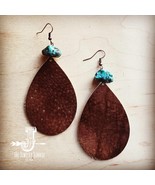 Leather Teardrop Earrings Brown Natural Turquoise Chunk - €15,08 EUR