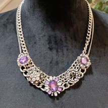Womens Silver Amethyst &amp; Rhinestone Double Chain Collar Necklace Lobster Clasp - £23.37 GBP