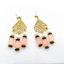 Vintage Czech Glass Chandelier Earrings, Faceted Pink Satin Atlas Glass Beads - £37.49 GBP