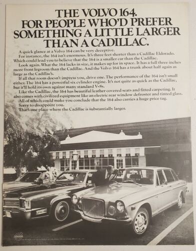1971 Print Ad The Volvo 164 4-Door Car Compared to Cadillac - $16.81