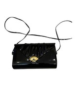 Vintage 80s Black Patent Leather Handbag Pleated Design Gold Shell Closure - $28.00