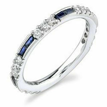 1.00Ct Simulated Diamond &amp; Sapphire Ring Wedding Band in Solid 14k White Gold - £142.30 GBP