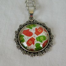 Mittens Green Red Snowflakes Cold Silver Tone Cabochon Pendant Chain Nec... - £2.35 GBP