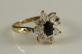 Modern Costume Jewelry Sapphire &amp; Cz Bright Stone Petal Gold Tone Ring Size 7 - £11.11 GBP