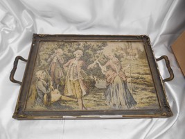 Antique Courting Couple Tapestry Serving Tray Metal Wood Glass Dinnerware Servew - £78.28 GBP