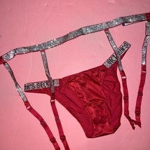 Victoria&#39;s Secret GARTER BELT+S,M,L PANTY RED CRYSTAL RHINESTONES SHINE ... - £45.88 GBP