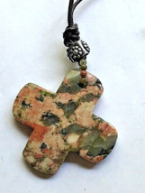 Polished Unakite Stone Cross Necklace 36&quot; - £4.69 GBP