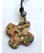 Polished Unakite Stone Cross Necklace 36&quot; - £4.69 GBP