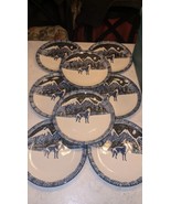 Eight 10” dinner plates folk craft wolf by tien Shan Sponge Blue Never u... - $3,560.26 MXN