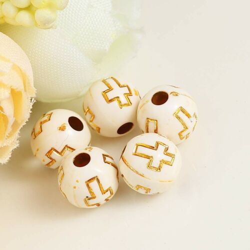 50 Cross Beads White Gold Spacers Acrylic Religious Catholic Findings 8m... - $6.46
