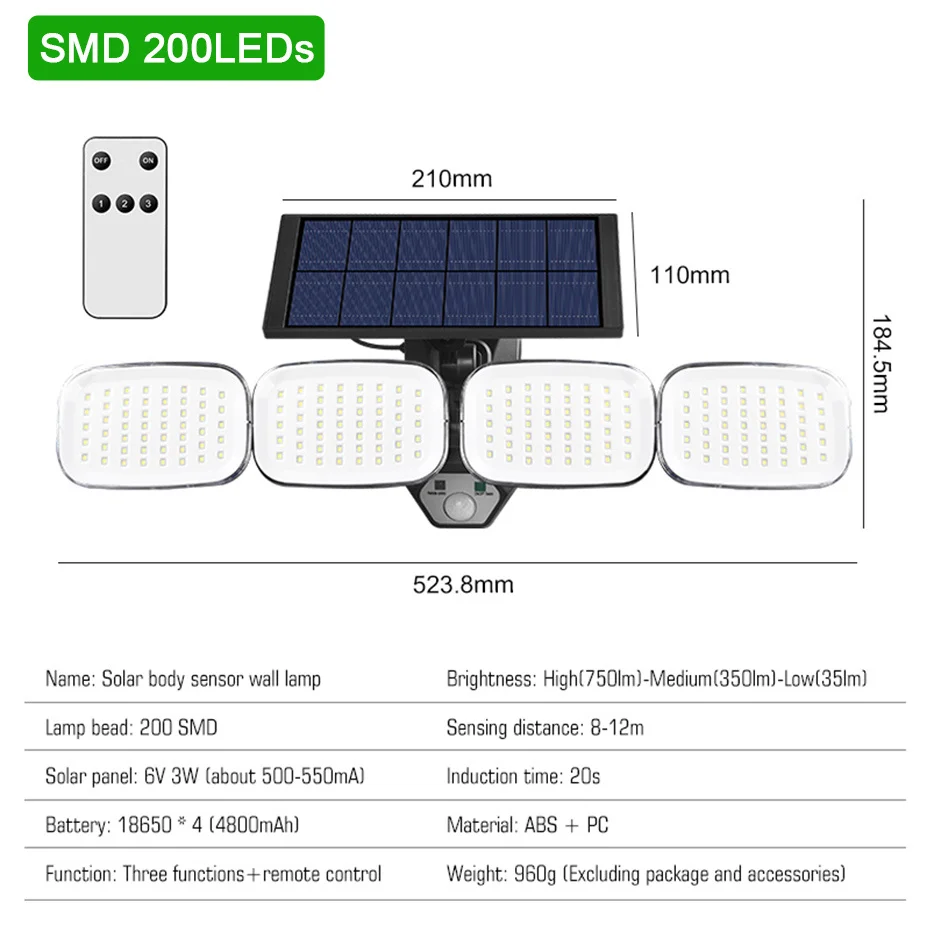 240 COB Solar LED Light Outdoor 4 Head Motion Senor Powered Lamp 360 Adjustable  - £109.51 GBP