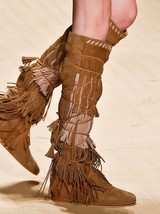 Women&#39;s Suede Tassel Knight Boots Flat With Knee High Strap Wrap Mixed Color Rom - £189.99 GBP