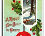 Winter Landscape Holly Red Seal Happy New Year Embossed DB Postcard U11 - $4.90