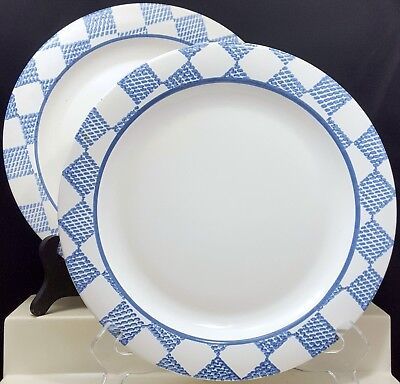 Primary image for Pfaltzgraff Hopscotch Dinner Plates 10-3/8" Set of 2 White Blue Checks No Fruit