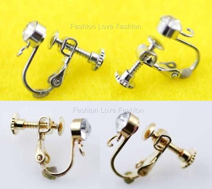 4 Pairs Clip On Screw Back Earring Findings w/Rhinestone Silvertone/Gold... - $6.99