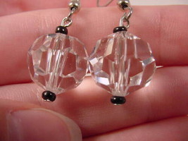 (EE-500-11) Clear white crystal black dangle hook earrings silver - £9.88 GBP