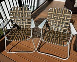 Aluminum Folding Lawn Chairs Pair of Vintage 1950&#39;s Brown/Tan Webbed Law... - $145.12