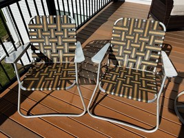 Aluminum Folding Lawn Chairs Pair of Vintage 1950&#39;s Brown/Tan Webbed Lawn Patio - £113.46 GBP