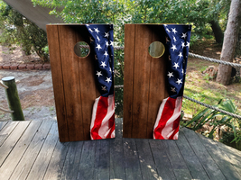 Waterproof Cornhole Wraps / American Flag on Wood Grain / USA Theme / La... - $85.00