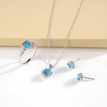 Sterling Silver Heart Cut Swiss Blue Topaz Created W. Sapphire Halo Jewelry Set - £135.39 GBP