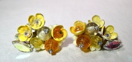 Vintage Large Yellow Painted Metal Rhinestone Iridescent Clip On Earring... - £38.15 GBP