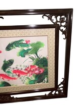 Vintage Asian Framed Art Landscape Carved Wood Frame 32.75x21 Goldfish Fish Luck image 4