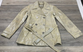 MICHAEL KORS Beige Metallic Gold Leather Double Breasted Belted Trench Coat Sz 4 - £25.49 GBP