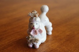Vintage Spaghetti White Porcelain Poodle Figurine w/Pink Flowers Gold Japan 2.5&quot; - £7.86 GBP