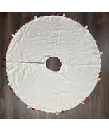 White Wool Blend 20” Christmas Tree Skirt White &amp; Red Pompoms Gold Jingl... - $28.70