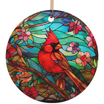 Red Cardinal Bird Ornament Colors Stained Glass Art Flower Wreath Christmas Gift - £11.59 GBP