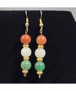 Round Natural Gemstones Red White Green Gold Tone Drop Dangle Earrings - $23.34