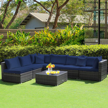7Pcs Outdoor Rattan Furniture Set Sectional Sofa With Navy Cushion - $908.99