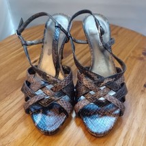 Bandolino Strappy Brown/Black Faux Snakeskin Open Toe 3.5&quot; Heels size 6.5 M - £4.46 GBP