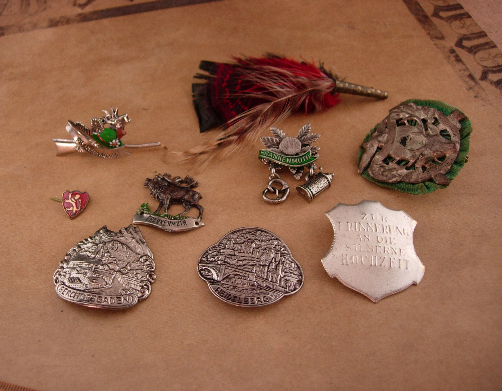 Primary image for Vintage German hat pin lot / red feather lapel pin / Germany Hat badges / mens h