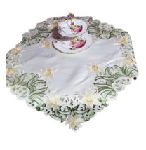 Summer Ecri Table Topper White Yellow Green, Embroidered Richelieu, 34x34&quot; - £38.71 GBP