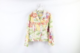 Vintage Chicos Womens Size 1 Rainbow Flower Linen Blend Button Trucker Jacket - £42.53 GBP