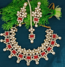 Vergoldet Indischer Bollywood Stil Kundan Drossel Halskette Rot Schmuck Set - £21.58 GBP
