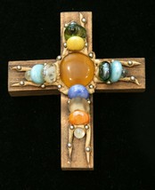 Handmade in Texas 5&quot; X 5 3/4&quot;  oak wall cross with colorful stones and beads - £23.70 GBP