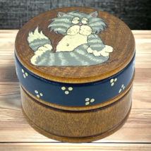 Vtg Round Hand Painted Wood Gray Cat Small Trinket Box 2 1/8&quot; x 2&quot; - £14.34 GBP