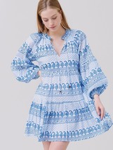 Oliphant Balloon Sleeve Blue White Midi Babydoll Dress V Neck Boho Chic,... - £98.91 GBP