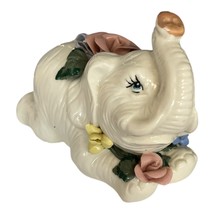 Vintage Ceramic Elephant Figurine with Floral Accents – Trunk Up for Good Luck - $332.78 MXN