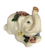 Vintage Ceramic Elephant Figurine with Floral Accents – Trunk Up for Goo... - $18.00