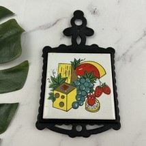 Vintage Tile Metal Trivet Wall Hanging Black Fruit Cheese Cute 70s 80s Kitchen - £16.15 GBP