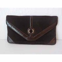 Vintage Envelope Purse Bag Brown Velvet and Leather Clasp On Fabric Lini... - $19.79