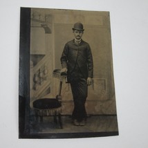 Tintype Photo Young Man in Hat &amp; Suit Stands Next to Chair Antique c 1900 - £31.86 GBP