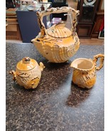 Hand Painted Seashell Tea Pot Creamer Sugar Vintage 1960s Set - $67.87 CAD