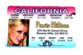 COLLECTIBLE PARIS HILTON CALIFORNIA DRIVERS LICENSE RESTRICTION TINKERBE... - $3.99