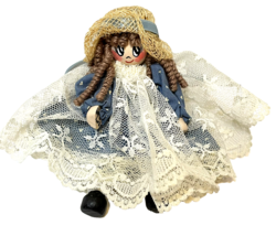 Vintage Handmade Hand Painted Wooden Doll Curls Lace Dress Bonnet 5.5 in - £12.30 GBP