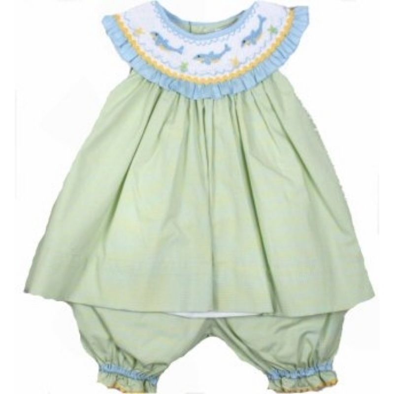 Adorable Green Aqua Petit Ami Smocked Dophin Girl Boutique Set, Angel Sleeve - $53.89 - $58.79